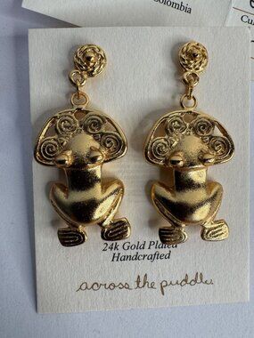 24k Gold Plated Frog Spiral Earrings Inspired By Pre-Columbian Art Tarona Cultur